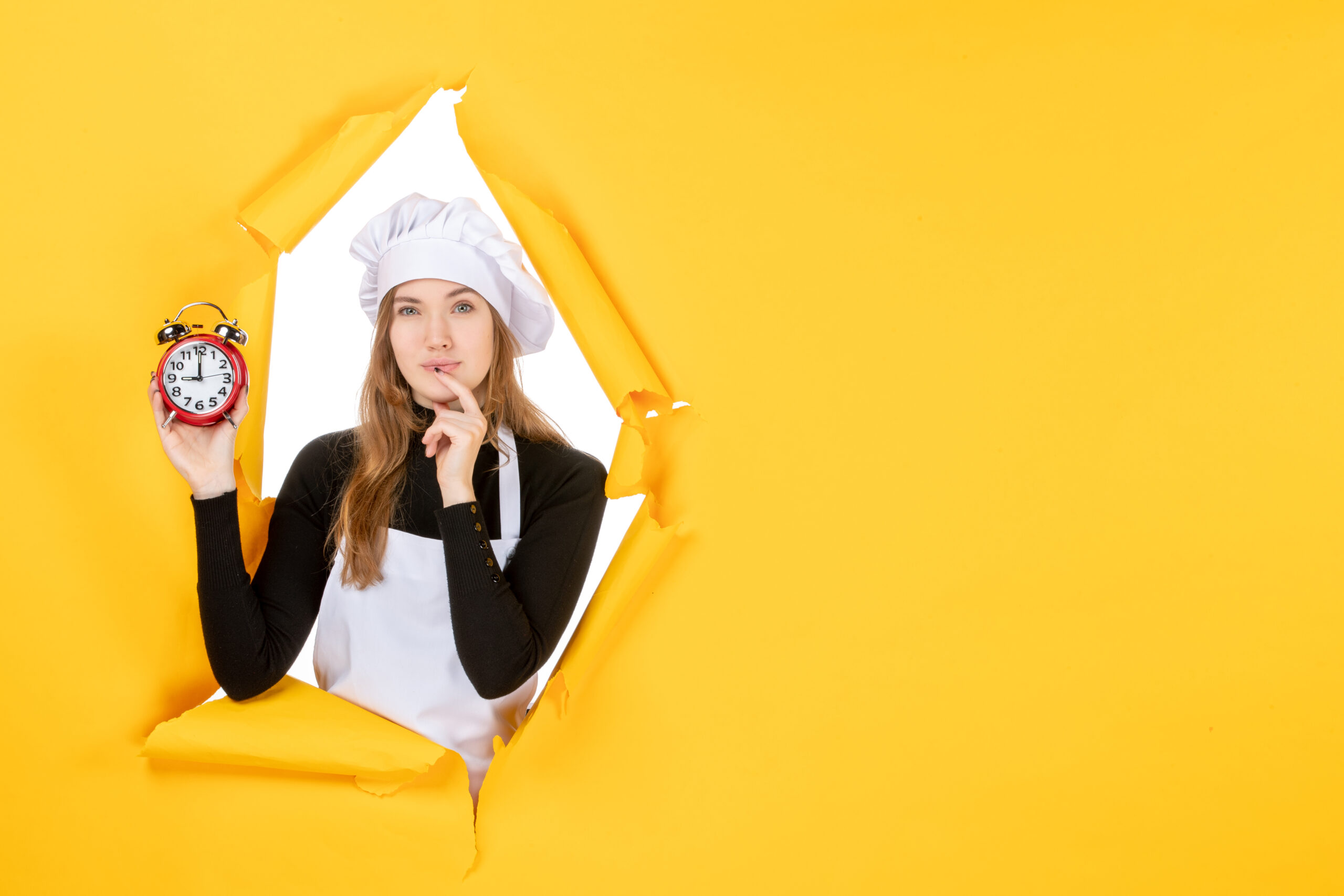 Front View Female Cook Holding Clocks Yellow Food Photo Job Kitchen Emotion Sun Cuisine Color